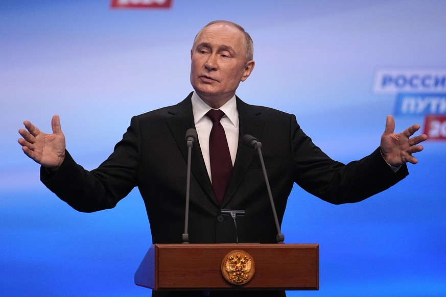 Russian President Vladimir Putin speaks on a visit to his campaign headquarters after a presidential election in Moscow, early Monday, March 18, 2024. (AP Photo/Alexander Zemlianichenko)
Vladimir Puti ...