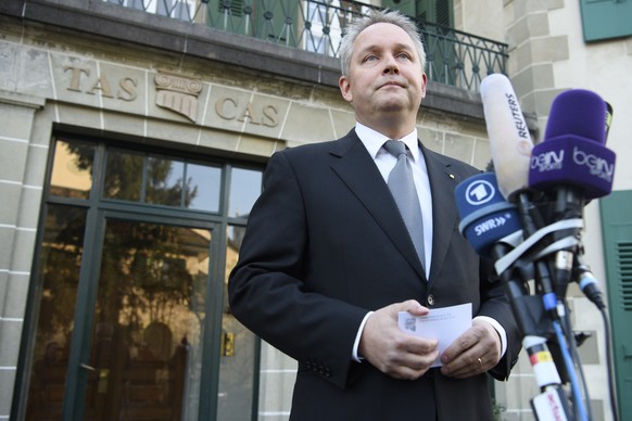 Matthieu Reeb, General Secretary of the Court of Arbitration for Sport, CAS, speaks to journalists during the release of the decision in the case between Joseph S. Blatter and the Federation Internati ...