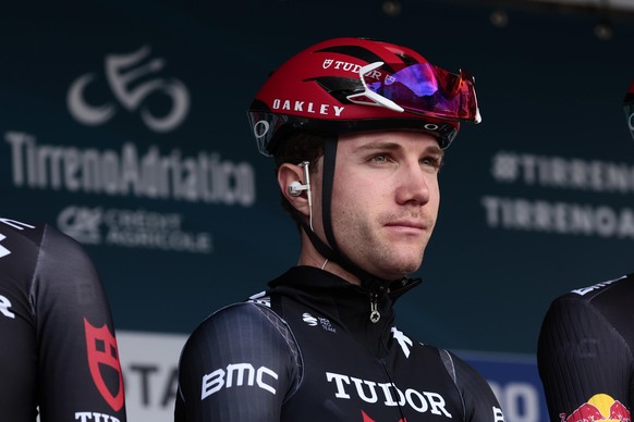 epa11955423 Swiss cyclist Marc Hirschi of Tudor Pro Cycling Team before the start to the second stage of the 60th Tirreno Adriatico cycling race over 189.8 kilometers from Camaiore to Follonica, Italy ...