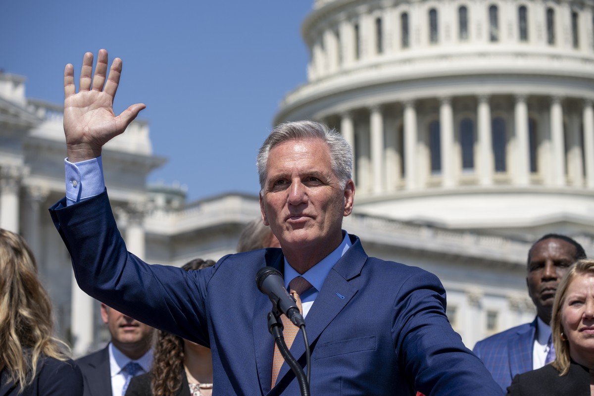 FILE - Speaker of the House Kevin McCarthy, R-Calif., waves as he and House Republicans celebrate passage in the House of a bill that would bar federally supported schools and colleges from allowing t ...