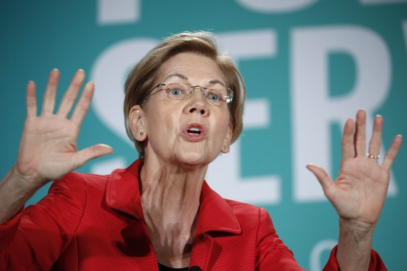 FILE - In this Aug. 3, 2019, file photo, Democratic presidential candidate Sen. Elizabeth Warren, D-Mass., speaks during a candidate forum on labor issues in Las Vegas. Warren is finding that her asce ...