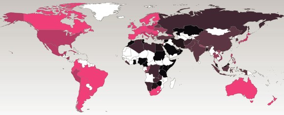 Die Welt in rosa und grau: Je pinker die Länder, desto homophiler ihre Armee. &nbsp;