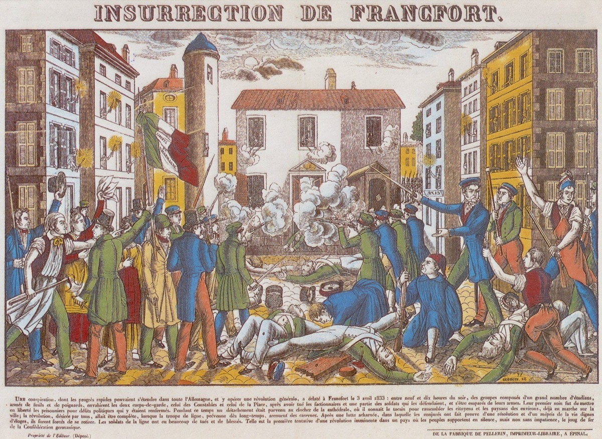 Der Frankfurter Wachensturm am 3. April 1833 führte zur Gründung der Bundeszentralbehörde. Reproduktion eines Farbholzschnittes von Francois Georgin.
https://commons.wikimedia.org/wiki/File:FRA_Wachen ...