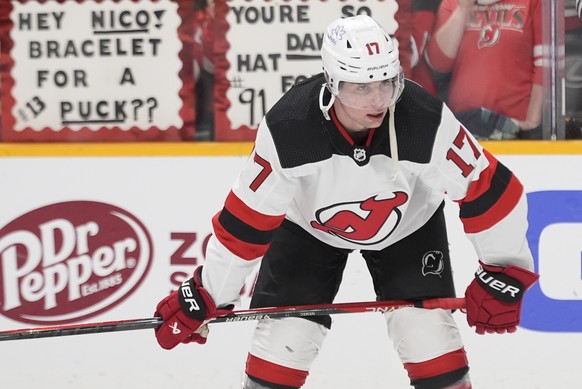 New Jersey Devils defenseman Simon Nemec (17) warms up before the team&#039;s NHL hockey game against the Nashville Predators, Tuesday, Feb. 13, 2024, in Nashville, Tenn. (AP Photo/George Walker IV)