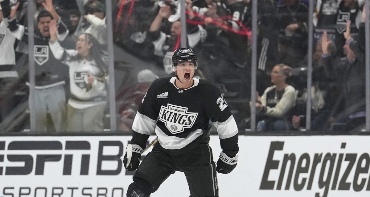 Los Angeles Kings left wing Kevin Fiala celebrates his goal during the third period in Game 1 of an NHL hockey first-round playoff series against the Edmonton Oilers, Monday, April 21, 2025, in Los An ...
