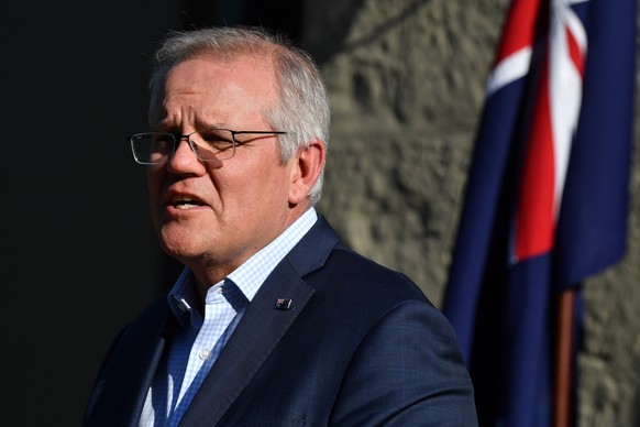 epa09475887 Australian Prime Minister Scott Morrison speaks to the media during a press conference at Kirribilli House in Sydney, Australia, 19 September 2021. Morrison made remarks following France&# ...