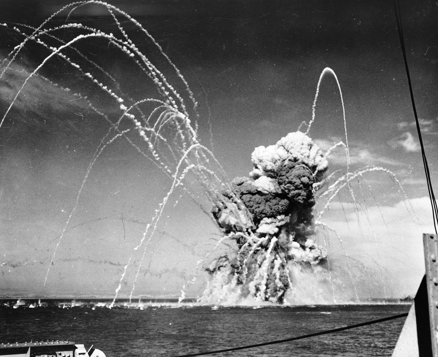American Liberty ship SS Robert Rowan explodes after being hit by German Junkers Ju 88 bombers off Gela, Sicily, July 11, 1943