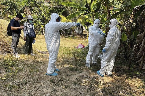FILE - In this photo released by the Cambodia Ministry of Health, Cambodia health experts spray disinfectant at a village in Prey Veng eastern province Cambodia, Feb. 24, 2023. Health officials in Cam ...