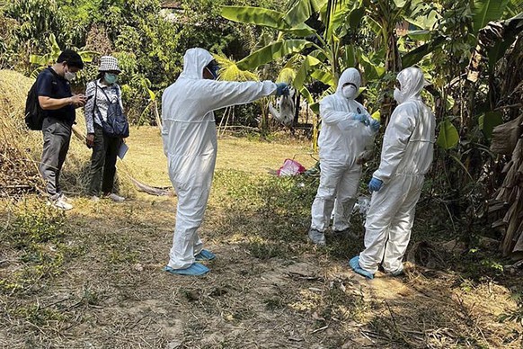 FILE - In this photo released by the Cambodia Ministry of Health, Cambodia health experts spray disinfectant at a village in Prey Veng eastern province Cambodia, Feb. 24, 2023. Health officials in Cam ...