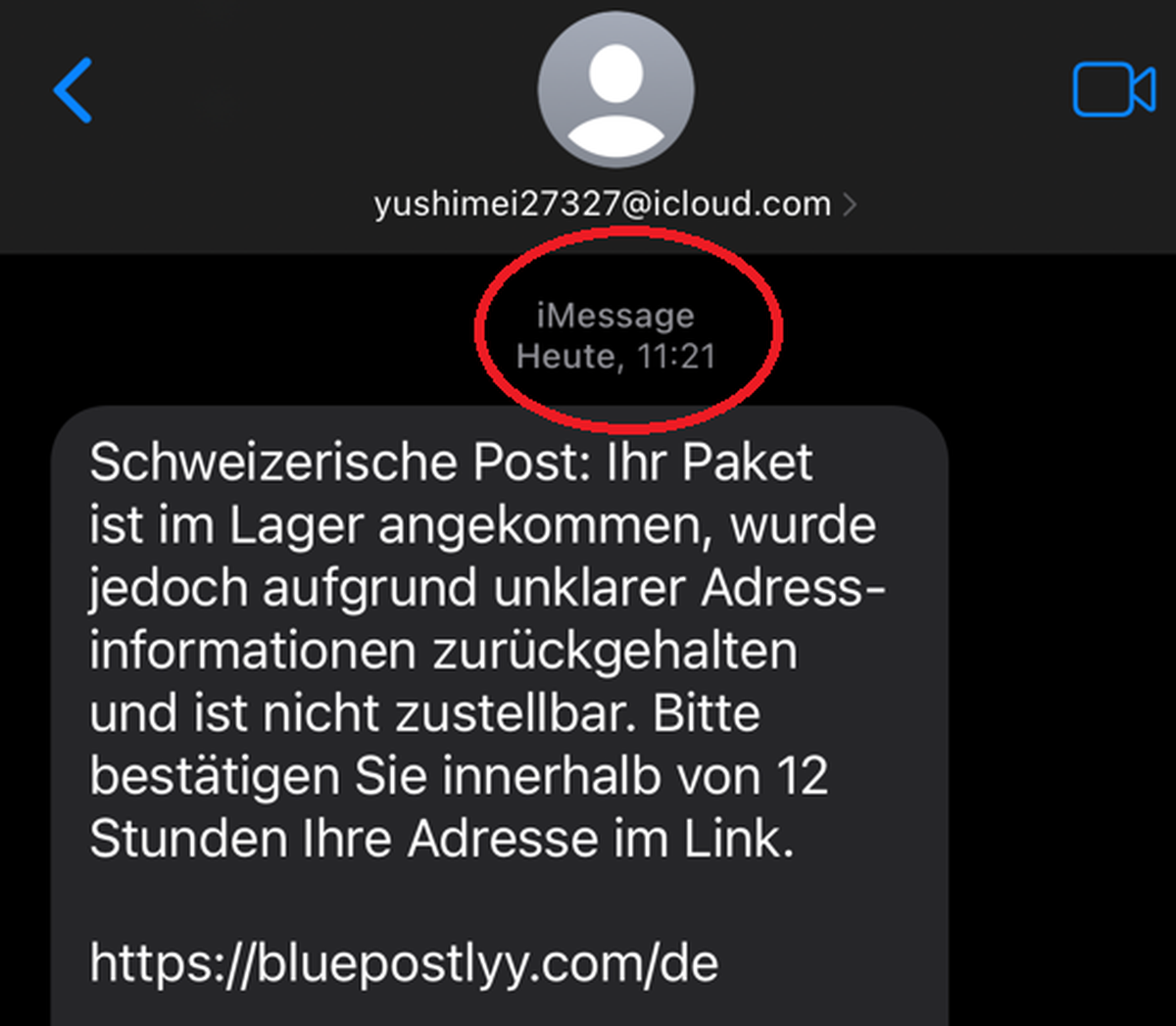 De nombreux Romands ont reçu ce message ces derniers jours. Il ne provient pas de La Poste, comme le montrent clairement l'expéditeur yushimei27327@icloud.com et le lien suspect.