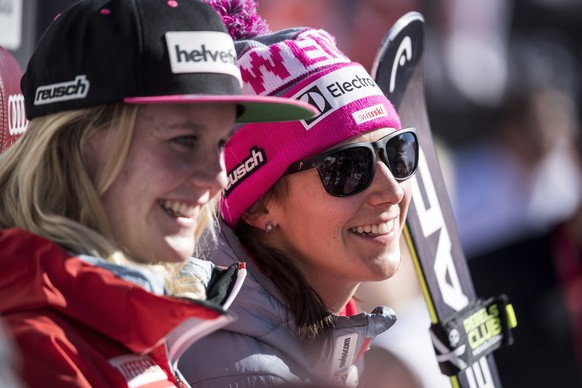 epa07392629 Wendy Holdener (R) of Switzerland reacts in the finish area during the women&#039;s Alpine Combined Slalom race at the FIS Alpine Skiing World Cup event in Crans-Montana, Switzerland, 24 F ...