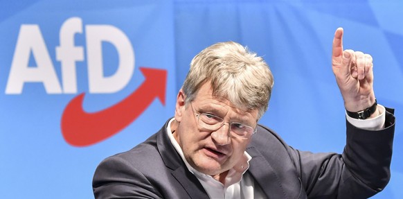 epa07417239 Alternative for Germany (AfD) party co-chairman and top candidate for the European Parliament elections Joerg Meuthen speaks at the Political Ash Wednesday gathering of the Alternative for ...