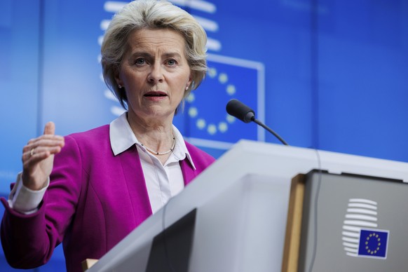 European Commission President Ursula von der Leyen talks with the press after an extraordinary meeting of EU leaders to discuss Ukraine, energy and food security at the Europa building in Brussels, Mo ...