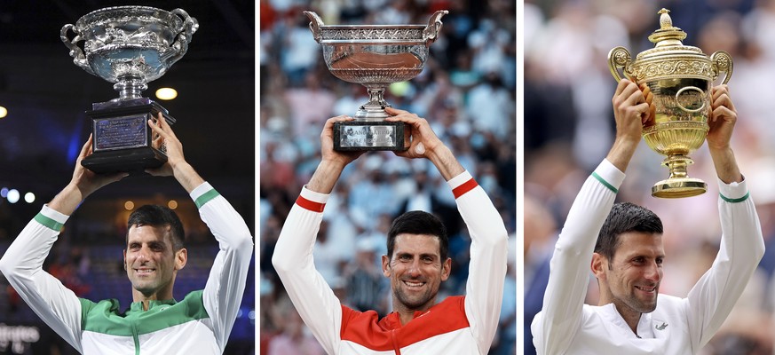 FILE- In this combo of 2021 file photos, Serbia&#039;s Novak Djokovic poses with the trophy after winning a Grand Slam tennis tournament, from left, Australian Open, French Open and Wimbledon. Djokovi ...
