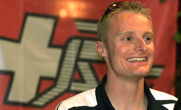 Andre Bucher of Switzerland smiles during the press conference prior to the opening of the 2001 Athletics World Championships, in Edmonton, Canada, on Thursday, August 2, 2001. Bucher will run at the  ...