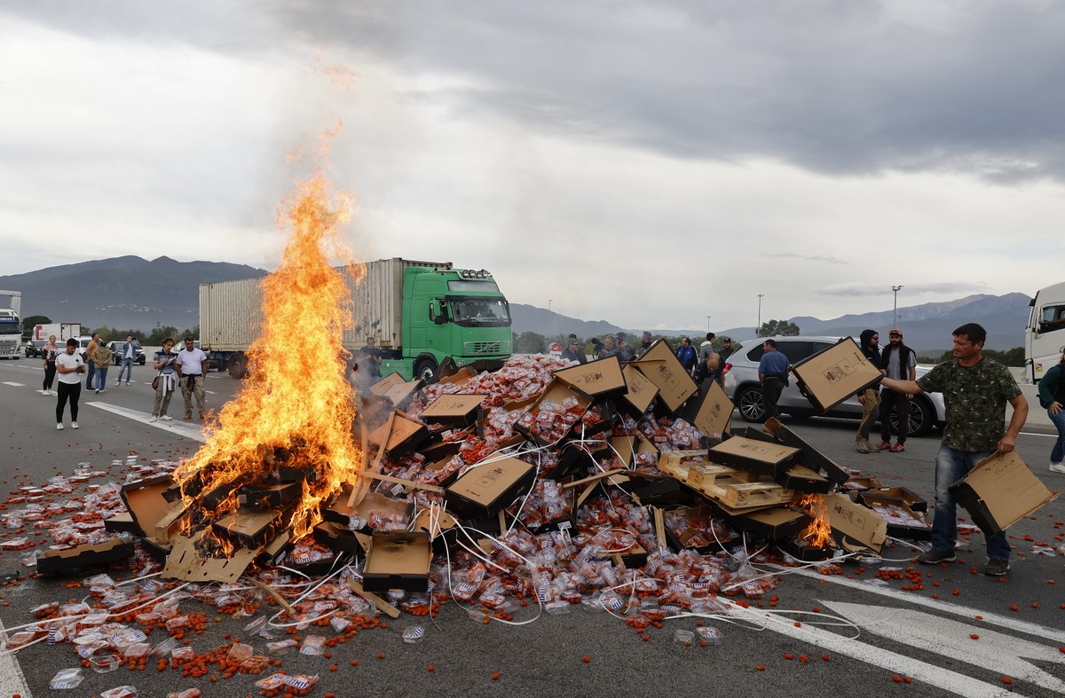 epa10927120 French winemakers destroy a shipment of tomatoes coming from Spain during a demonstration by the tollbooth in Le Boulou, near the Spanish border, south of France, 19 October 2023. Winegrow ...