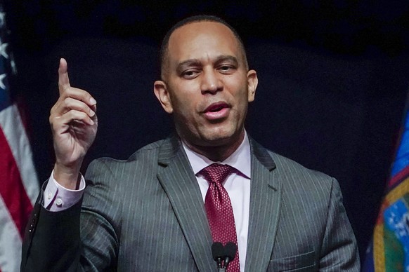 FILE - Rep.  Hakeem Jeffries, DN.Y., incumbent candidate for New York's 8th congressional district, speaks at the New York State Democratic Convention in New York, Feb. 17, 2022. (AP Photo/Seth ...