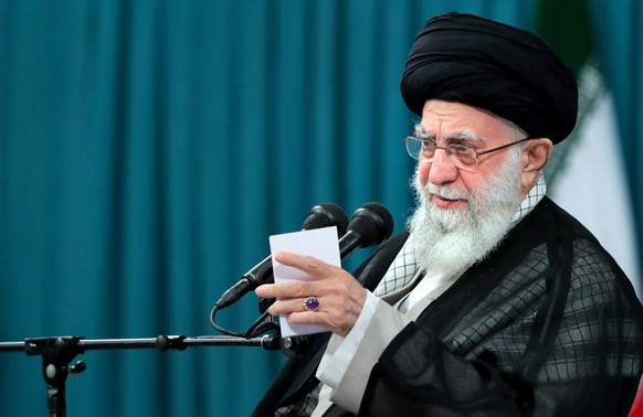 epa10804144 A handout picture made available by the Iran Supreme Leader Office shows Iranian Supreme Leader Ayatollah Ali Khamenei speaking to the high-ranking commanders and members of Iran?s Islamic ...
