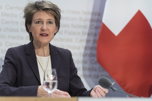 Swiss Federal president Simonetta Sommaruga briefs the media about the latest measures to fight the Covid-19 Coronavirus pandemic, on Friday, March 13, 2020 in Bern, Switzerland. (KEYSTONE/Alessandro ...