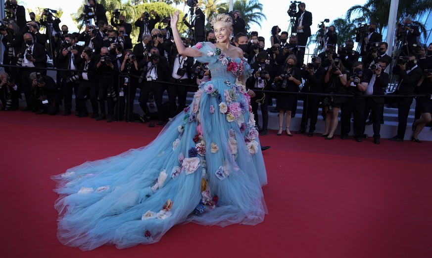 FILE - In this July 14, 2021 file photo Sharon Stone poses for photographers upon arrival at the premiere of the film 'The Story of My Wife' at the 74th international film festival, Cannes, southern F ...