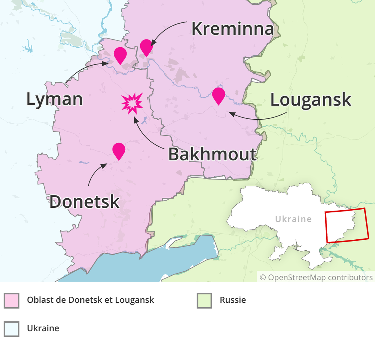 Lyman, Kreminna, Lougansk, Bakhmout, Donetsk, Lyman: le front Ukrainien à l'est.