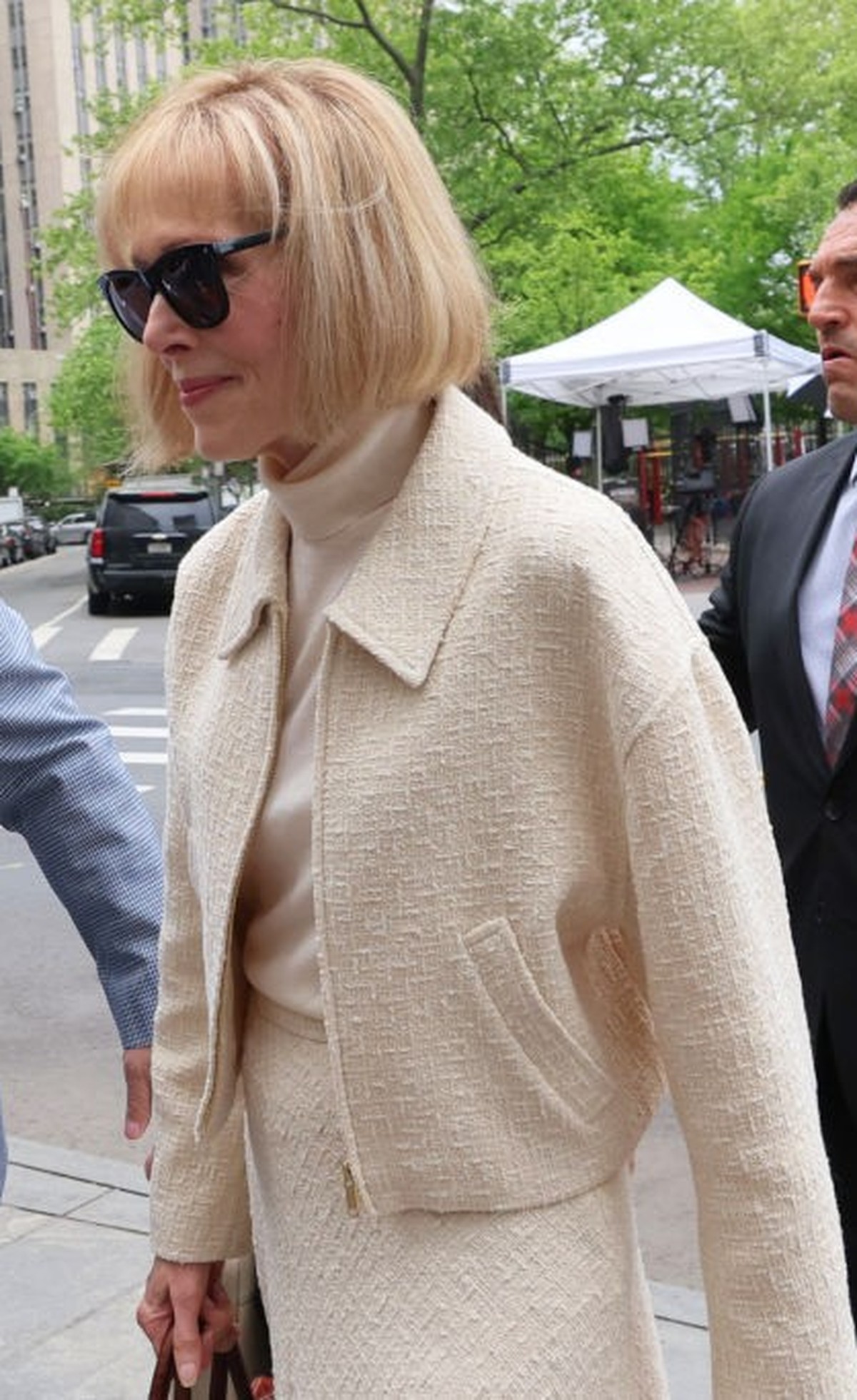 NEW YORK, NEW YORK - APRIL 27: Magazine Columnist E. Jean Carroll arrives for the third day of her civil trial against former President Donald Trump at Manhattan Federal Court on April 27, 2023 in New ...