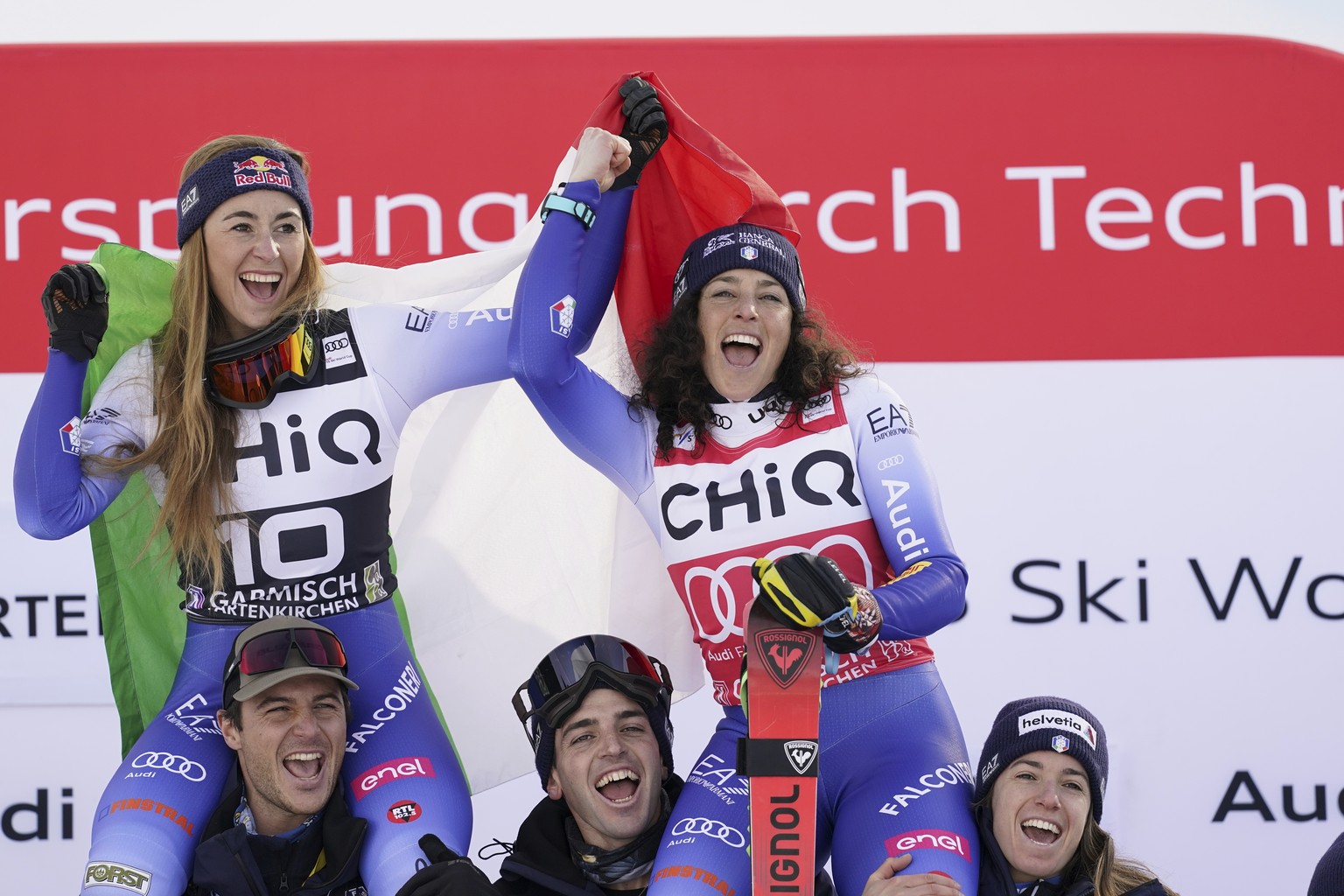 From left, second placed Italy&#039;s Sofia Goggia and the winner Italy&#039;s Federica Brignone celebrate after an alpine ski, women&#039;s World Cup downhill, in Garmisch, Germany, Saturday, Jan. 25 ...
