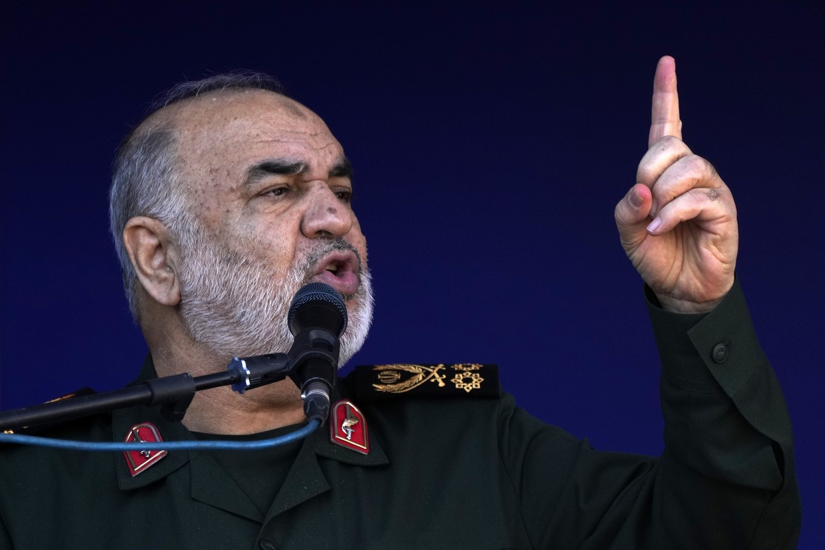 Chief of Iran's paramilitary Revolutionary Guard Gen. Hossein Salami addresses the funeral ceremony of the victims of Wednesday's bomb explosion in the city of Kerman about 510 miles (820 km ...