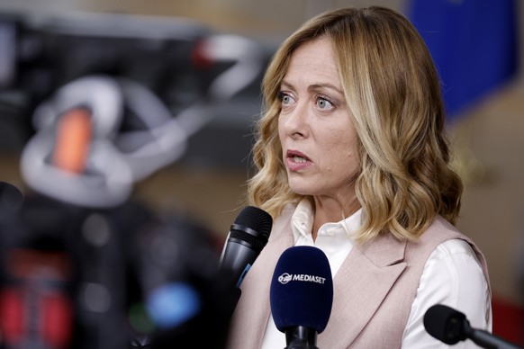 Italy&#039;s Prime Minister Giorgia Meloni speaks with the media during an EU-Gulf Cooperation Council meeting in Brussels, Belgium, Wednesday, Oct. 16, 2024. (AP Photo/Omar Havana)