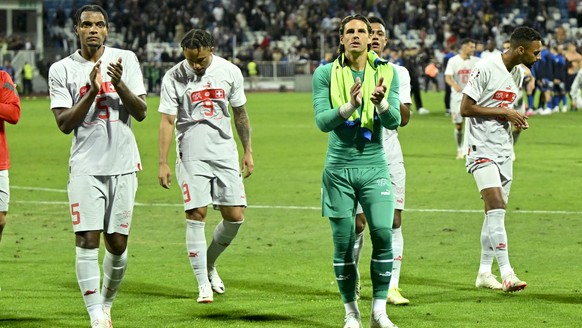 From left, Switzerland&#039;s defender Manuel Akanji, Switzerland&#039;s forward Noah Okafor, Switzerland&#039;s goalkeeper Yann Sommer and Switzerland&#039;s midfielder Djibril Sow look disapointed a ...
