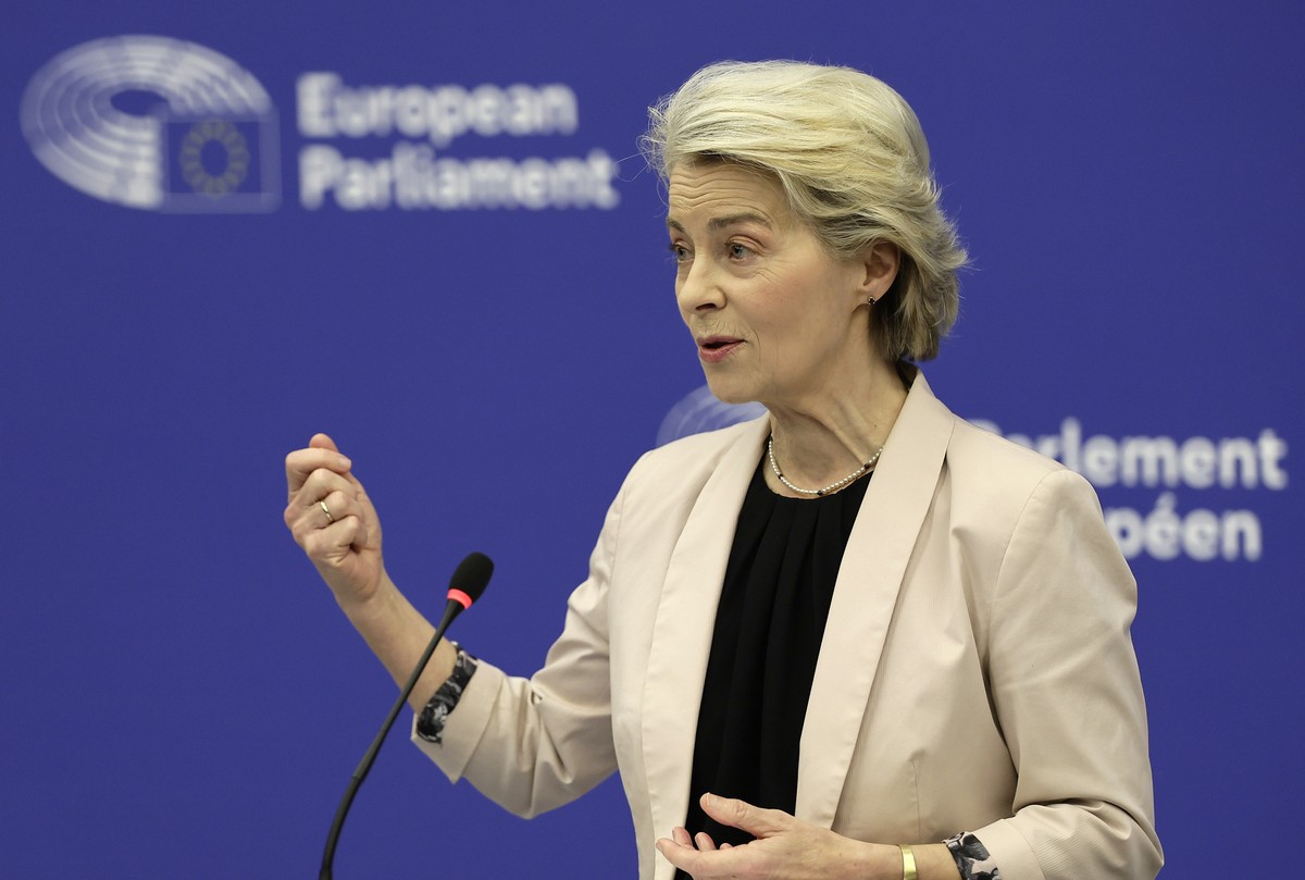 epa11743459 European Commission President Ursula von der Leyen attends a press conference following the election of the Commissioners-designate members at the European Parliament in Strasbourg, France ...