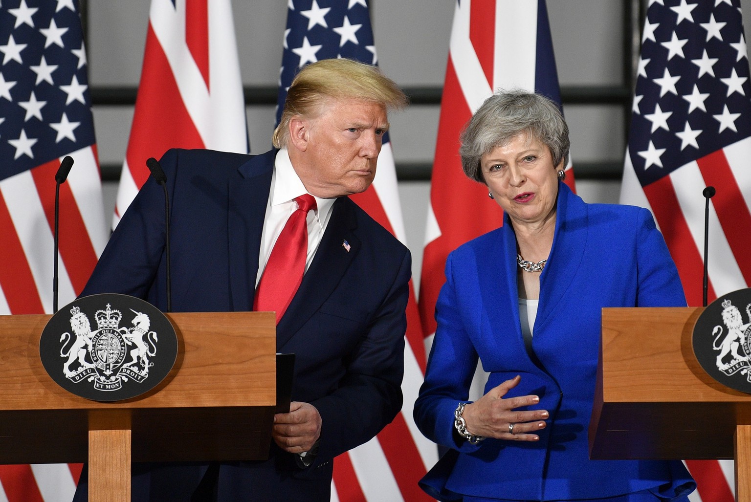epa07624939 US President Donald J. Trump (L) and Britain&#039;s Prime Minister Theresa May (R) speak at a press conference at the Foreign and Commonwealth Office in London, Britain, 04 June 2019. US P ...