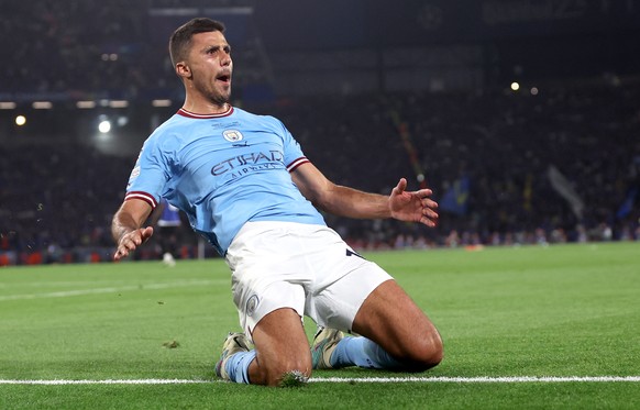 epa10684538 Rodri of Manchester City celebrates after scoring the 1-0 goal during the UEFA Champions League Final soccer match between Manchester City and Inter Milan, in Istanbul, Turkey, 10 June 202 ...