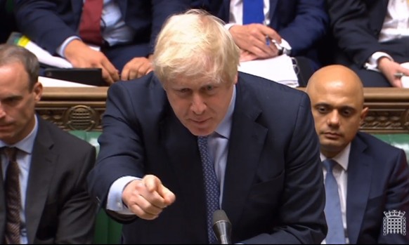 epa07816665 A grab from a handout video made available by the UK Parliamentary Recording Unit shows British Prime Minister Boris Johnson during PMQs in the House of Commons in London, Britain, 04 Sept ...