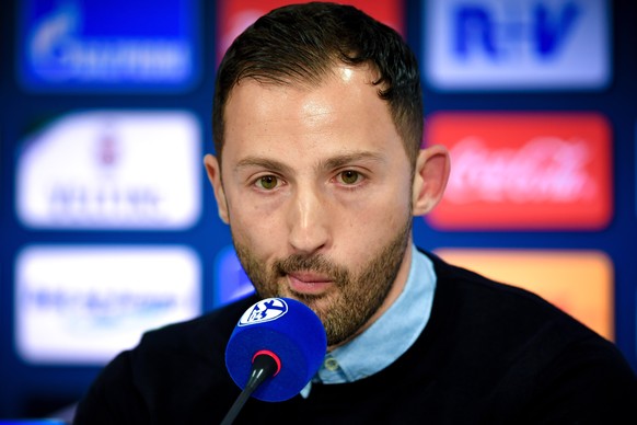 epa07408998 Schalke&#039;s head coach Domenico Tedesco reacts during a press conference after the German Bundesliga soccer match between FC Schalke 04 and Fortuna Duesseldorf in Gelsenkirchen, Germany ...