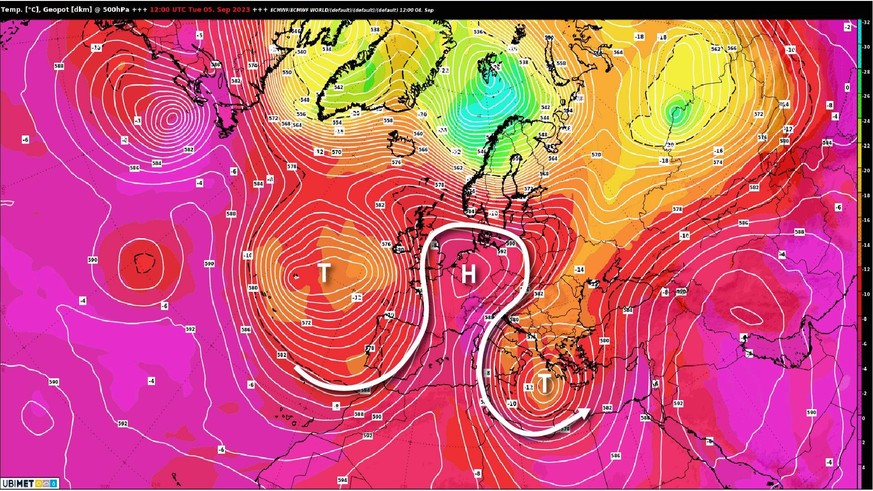 Wetterlage Dienstag 05.09.2023: Omegaförmiges Hoch über Zentraleuropa (europäisches Wettermodell ECMWF)