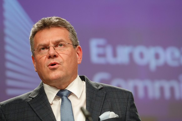 epa09775934 EU Commission Vice President Maros Sefcovic gives a press conference after an EU-UK Joint Committee meeting with UK Foreign Secretary (not pictured) at the European Commission in Brussels, ...