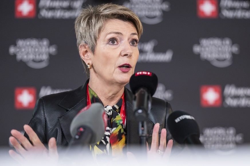 Swiss federal councillor Karin Keller-Sutter speaks to the media during a press conference during the 53rd annual meeting of the World Economic Forum, WEF, in Davos, Switzerland, Wednesday, January 18 ...