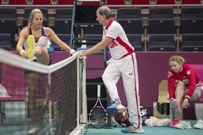 Training des Schweizer Fed Cup-Teams mit Stefanie Voegele, Teamcaptain Heinz Guenthardt und Timea Bacsinszky.&nbsp;