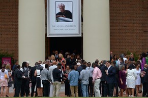 WINSTON SALEM, NC - JUNE 07:  Mourners leave Wait Chapel at the conclusion of the Maya Angelou Memorial Service at Wake Forest University on June 7, 2014 in Winston Salem, North Carolina.  (Photo by Grant Halverson/Getty Images)
