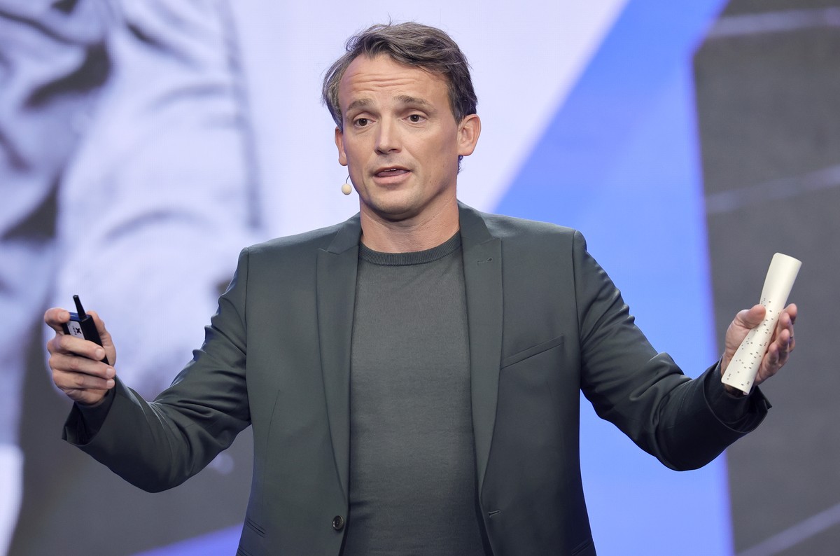 epa11345176 Chief Executive Officer (CEO) of software company SAP SE Christian Klein, speaks during the farewell ceremony for Hasso Plattner in Mannheim, Germany, 16 May 2024. Hasso Plattner is a co-f ...