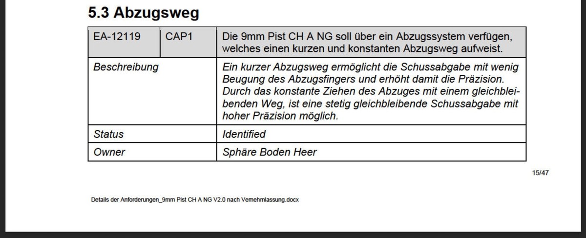 Auszug aus dem Armee-internen Dokument zum technischen Anforderungsprofil der neuen Armeepistole..