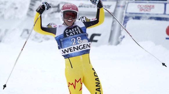 Benjamin Thomsen of Canada reacts with pumped up airbag after his crash in the finish area during the Downhill race of the FIS Alpine Ski World Cup season at the Lauberhorn, in Wengen, Switzerland, Sa ...