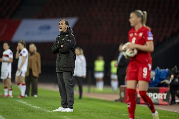 Switzerland's head coach Rafel Navarro speaks during the FIFA 2027 Women's World Cup League B - Group B2 qualifying soccer match between Switzerland and Turkey, on Tuesday, April 14, 2026, a ...