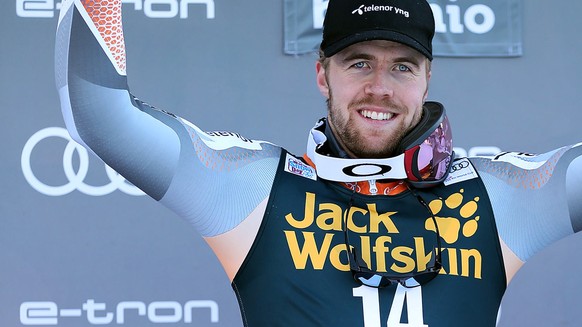 epa08093812 Second placed Aleksander Aamodt Kilde of Norway celebrates on the podium for the Men&#039;s Alpine Combined race at the FIS Alpine Skiing World Cup in Bormio, Italy, 29 December 2019. EPA/ ...