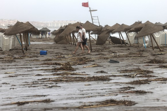 epa10839588 Damage at Malvarrosa beach after heavy rains in Valencia, Spain, 04 September 2023. Heavy rains registered throughout the country have caused two dead, two missing people and several damag ...