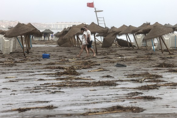 epa10839588 Damage on Malvarrosa beach after heavy rain in Valencia, Spain September 4, 2023. Heavy rains recorded across the country have caused two deaths, two missing people and various damage...