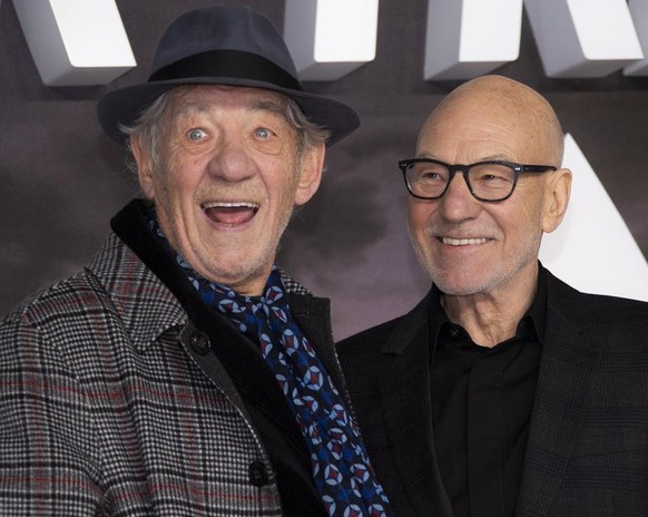 Actors Sir Ian Mckellen and Sir Patrick Stewart, right, pose for photographers upon arrival at the premiere for &#039;Star Trek: Picard&#039; in London, Wednesday, Jan 15, 2020. (Photo by Joel C Ryan/ ...