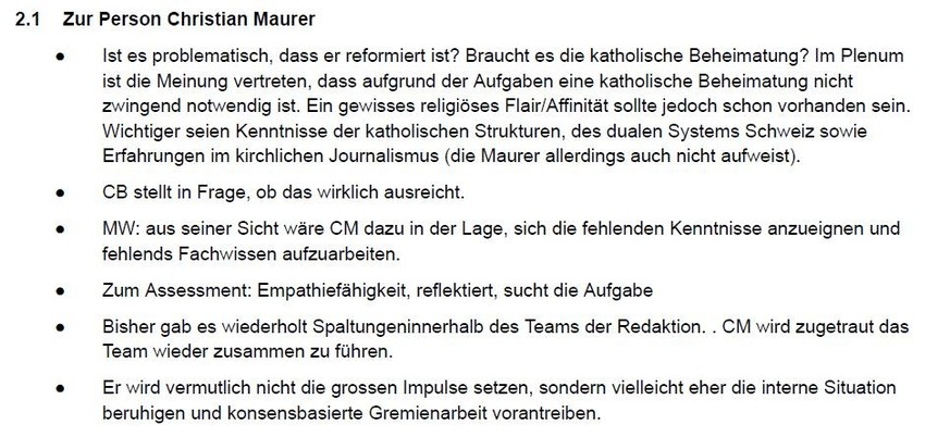 Screenshot aus dem internen Protokoll des Gremiums für die Besetzung der Stelle als Redaktionsleiterin und Direktorin von kath.ch