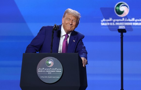 epa12096750 US President Donald Trump attends the Keynote Address at the Saudi-US Investment Forum in Riyadh, Saudi Arabia, 13 May 2025. The forum is taking place during the state visit of US Presiden ...